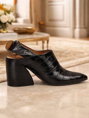 Chloe Wave Black Croc-Embossed Pointed-Toe Wedge Heel Sling Back Pumps Size 37